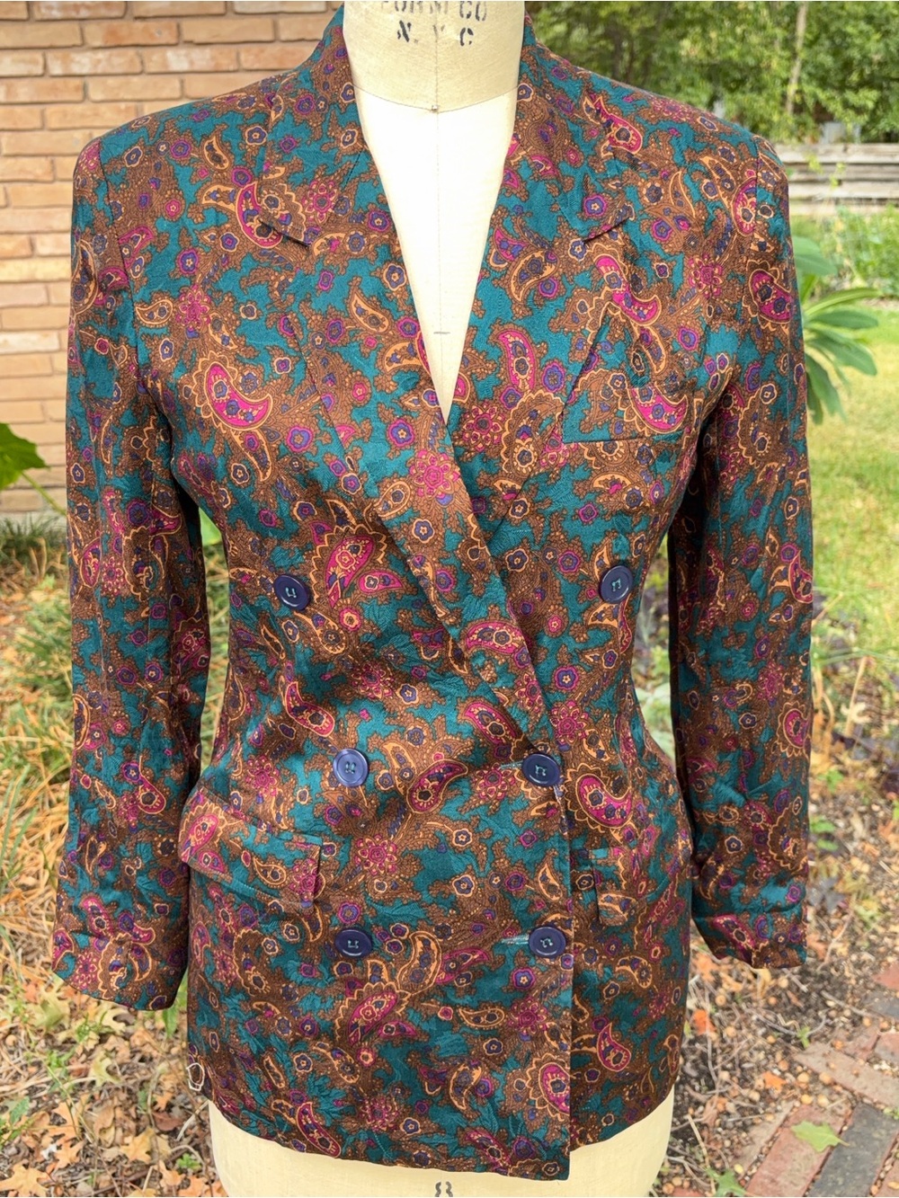 Talbots Vintage 80s 90s Teal Purple Magenta Paisley Double Breasted Rayon Blazer